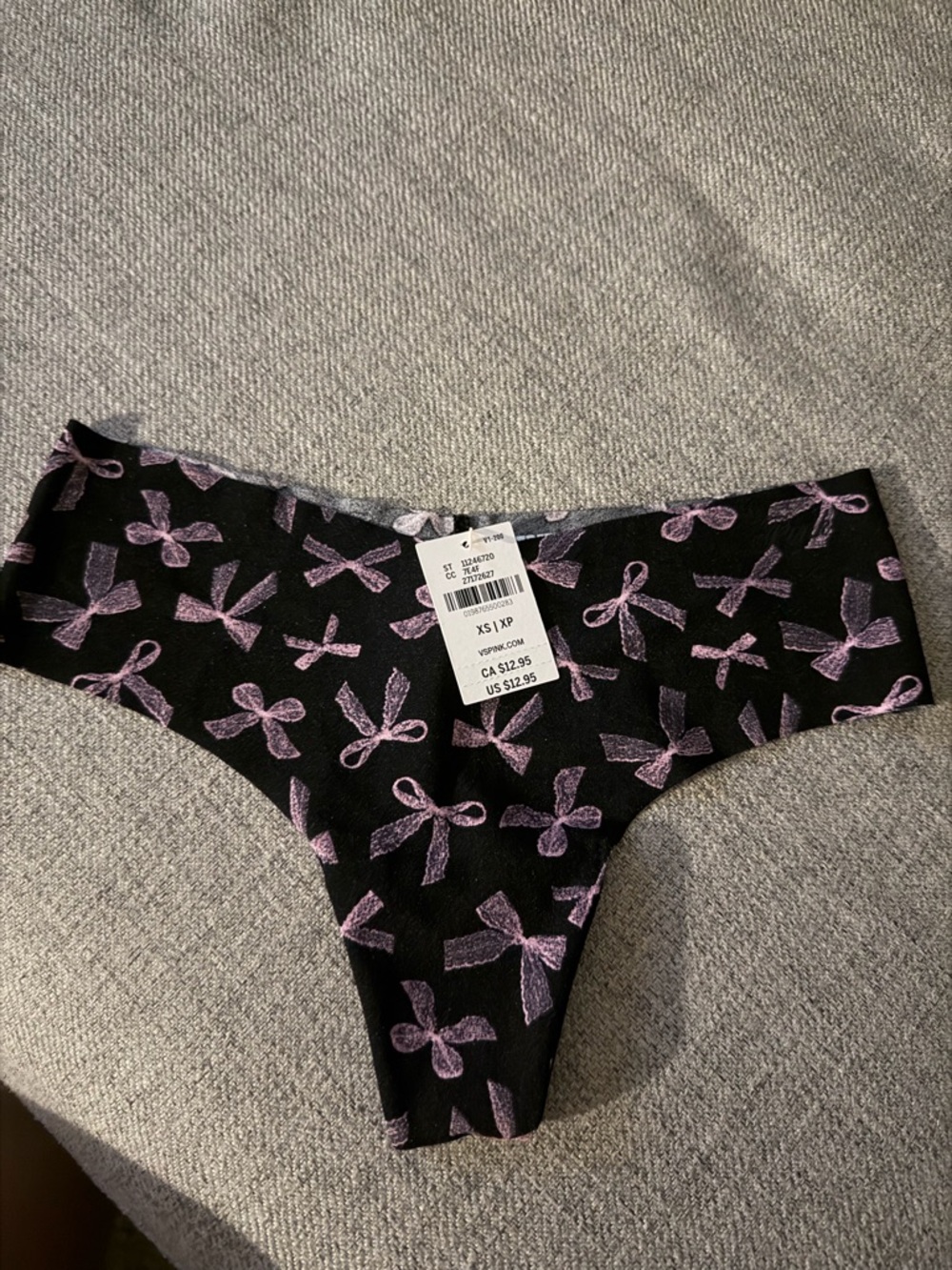 Victoria's Secret Black Thong with Lavender Bow Print